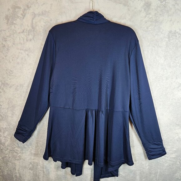 Susan Graver Premier Navy Womens L Open Cardigan Ruched Sleeves liquid silk - Picture 2 of 14